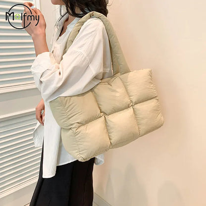 Women Tote Handbags Quilted Plaid Bag Retro Trendy Checkered Waterproof Shoulder Bag Solid Color Winter Soft Large Capacity B