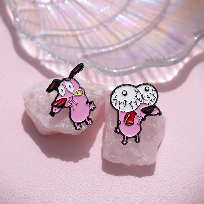 Cartoon Courage Cowardly Dog Brooch Enamel Pins Cute Pink Animal Dog Brooches Clothes Lapel Badges Jewelry Gift for Kids Frie