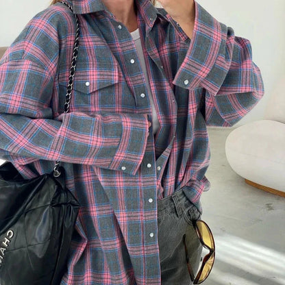 New Vintage Women Oversized Long Sleeve Plaid Shirt Blouse Tops Autumn Winter Button Down Loose Lapel Pocket Shirt Korean Sty