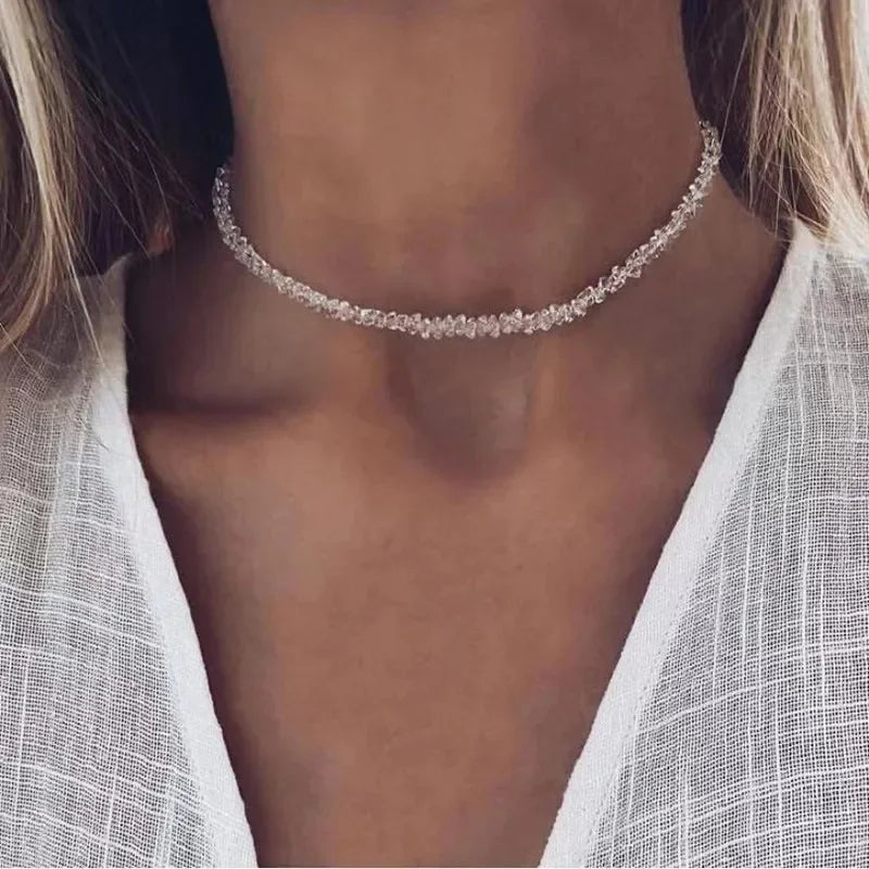 Mulit-cut Glass Crystal Irregular Beaded Choker Necklace for Women Transparent Vintage Collarbone Collar Neck Fashion Jewelry