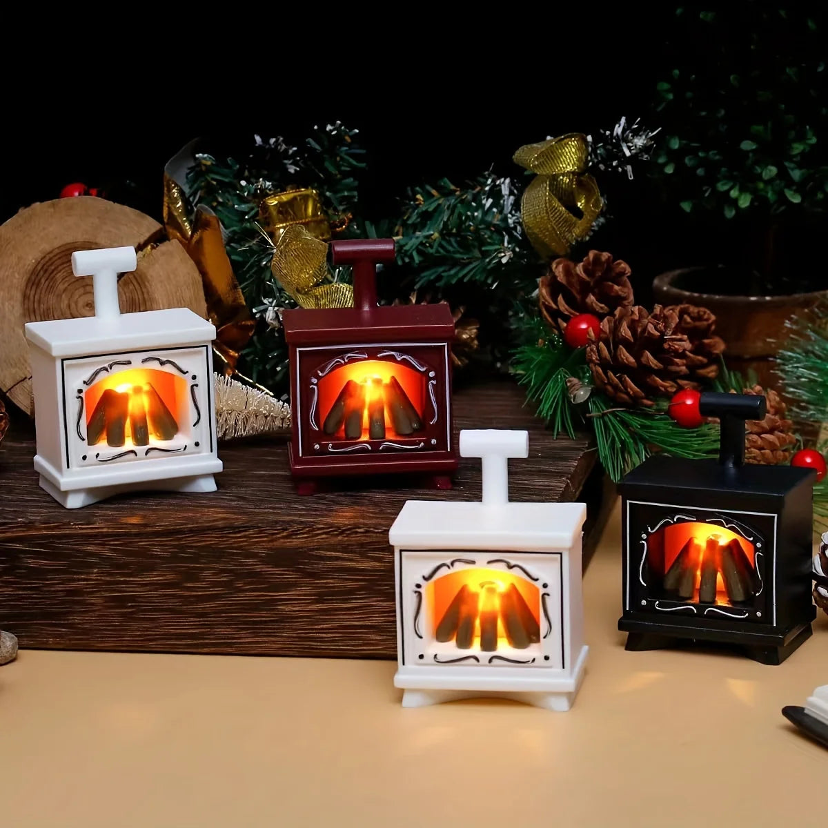 Dollhouse Miniature Fireplace Glowing Stove Model House Furniture Kitchen Living Scene Christmas Decor Toy