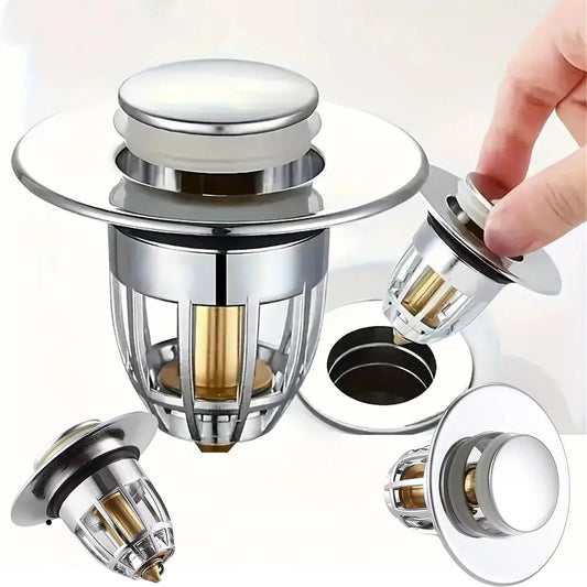 Universal Rebound Drain Plug Filter Basin Pop-up Chrome Sink Filter with Hair Catcher Bathroom Sink Drain Stopper Easy Push T