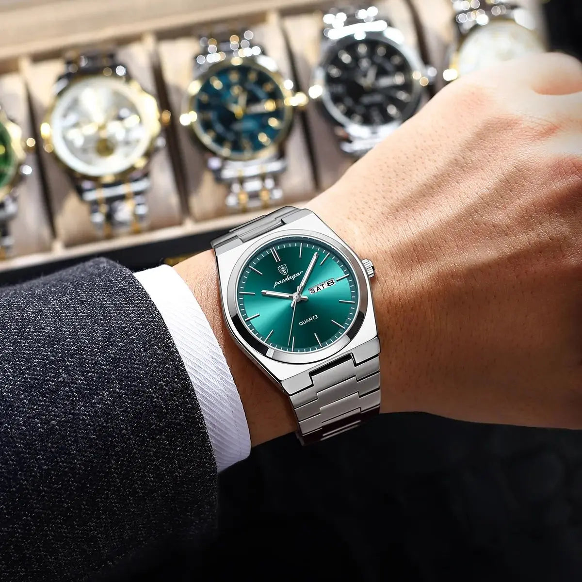 POEDAGAR Luxury Men's Watches Waterproof Luminous Date Week Men Watch Stainless Steel Casual Fashion Quartz Man Wristwatch Re