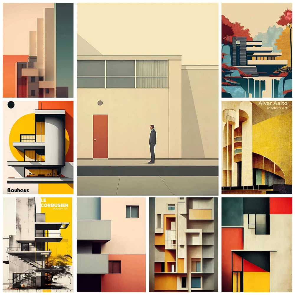 Classic Architecture Abstract Poster Prints Minimalist Fallingwater House Bauhaus Canvas Painting Wall Art Pictures Home Deco