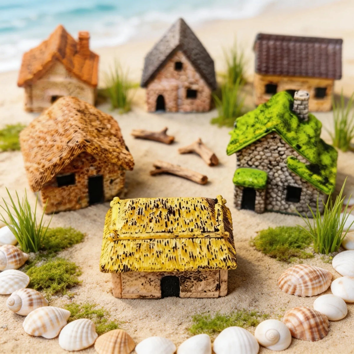 6Pcs Miniature Retro Village Thatched House Figurines, Mini Resin Cottage Ornaments for Miniature Garden, Minihouse