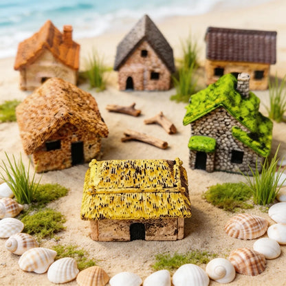 6Pcs Miniature Retro Village Thatched House Figurines, Mini Resin Cottage Ornaments for Miniature Garden, Minihouse