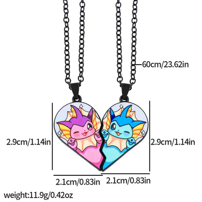 2-piece cute Eevee cartoon pendant necklace with heart patchwork, anime-style metal necklace - XL3399