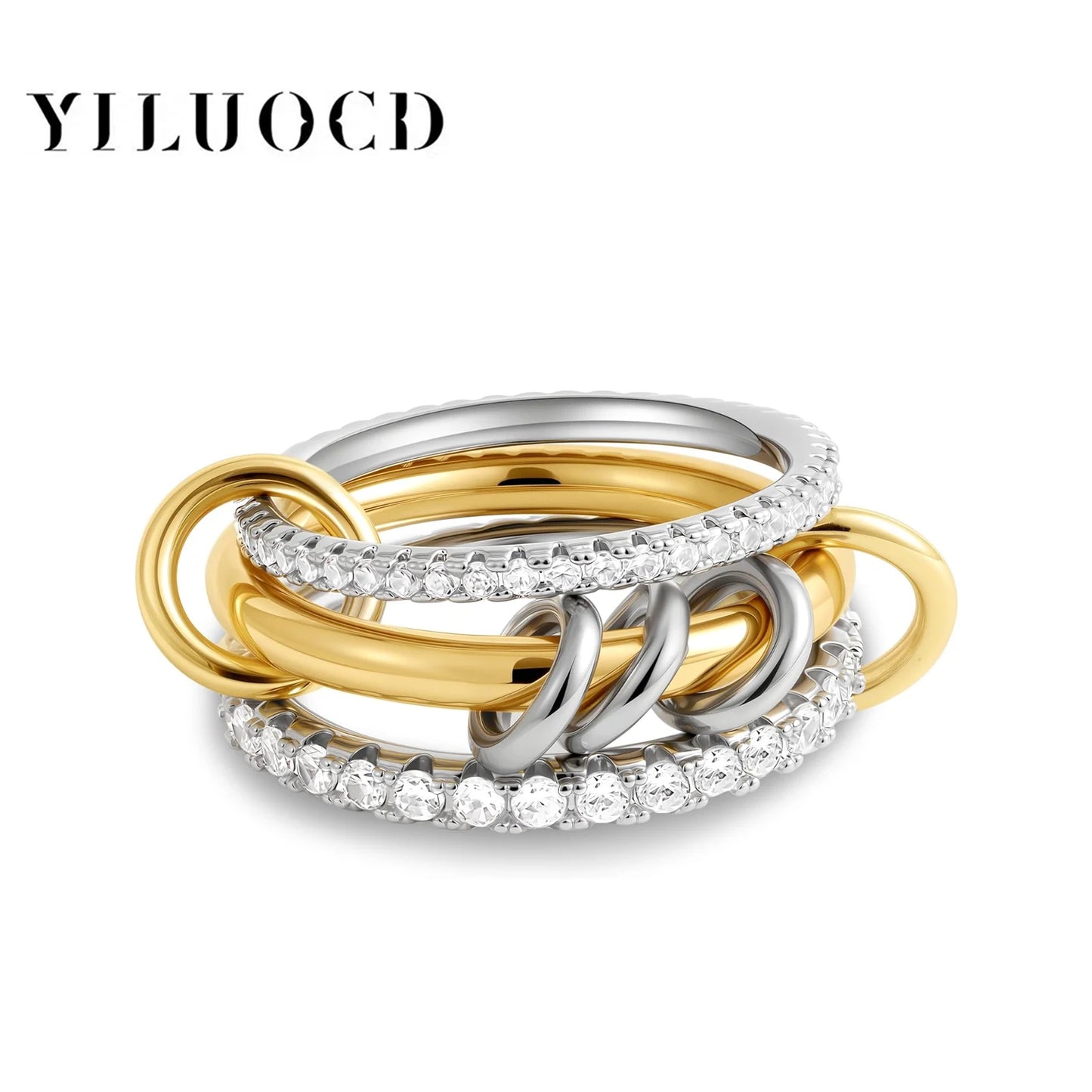 New Stainless Steel Cubic Zirconia Stackable Rings for Women 18k GoldPlating Multi-Link Connected Statement Ring Stack Jewelr