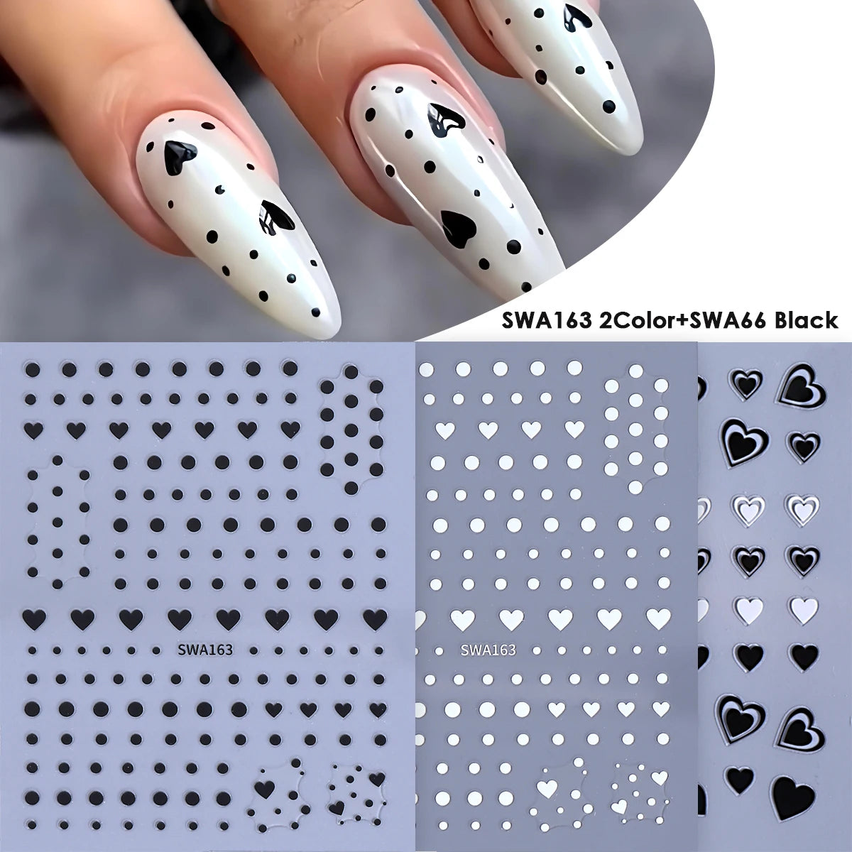 3pcs Valentine's Day Nail Art Stickers 3D Black White Pink Lines Love Heart Nail Decals DIY Adhesive Slider Manicure Decorati