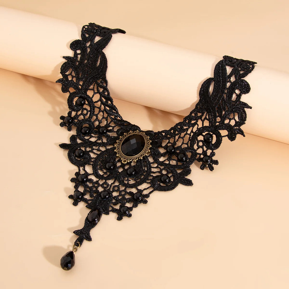 Fashion New Vintage Gem Black Lace Bead Necklace Gothic Steampunk Style Stonego Gothic Collar Necklace Pendant