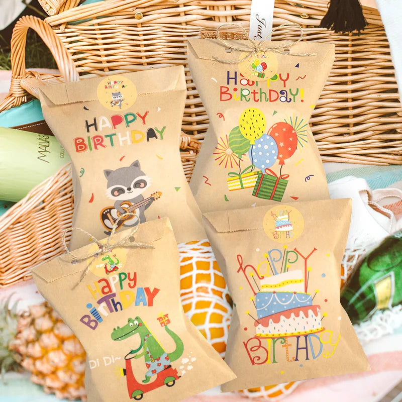 24Sets Thank You Kraft Paper Bags Cute Rainbow Dino Happy Birthday Gift Pouch Retro Flower Party Favor Bag Candy Cookie Suppl
