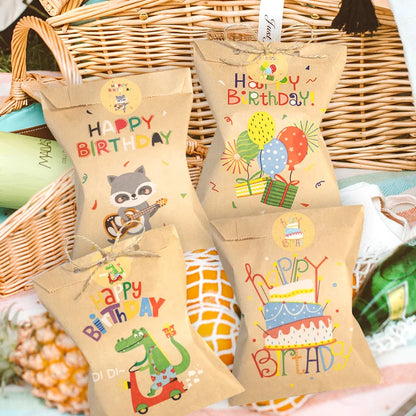 24Sets Thank You Kraft Paper Bags Cute Rainbow Dino Happy Birthday Gift Pouch Retro Flower Party Favor Bag Candy Cookie Suppl