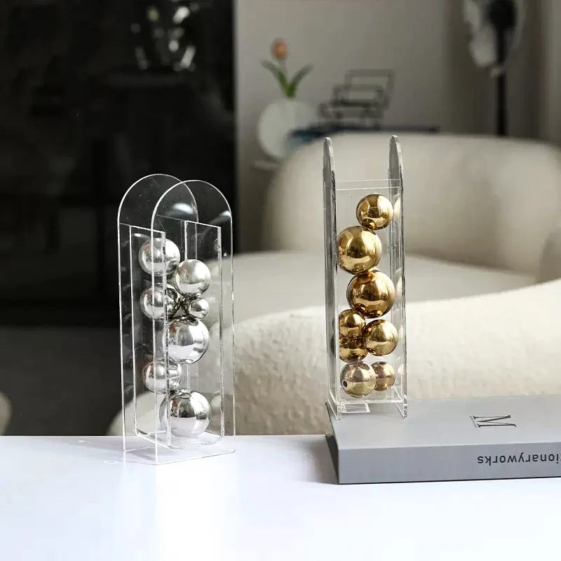 Abstract Art Metal Ball Square Transparent Box Acrylic Container Model Ornament Desk Decoration Ornaments Sphericity Crafts