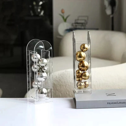 Abstract Art Metal Ball Square Transparent Box Acrylic Container Model Ornament Desk Decoration Ornaments Sphericity Crafts