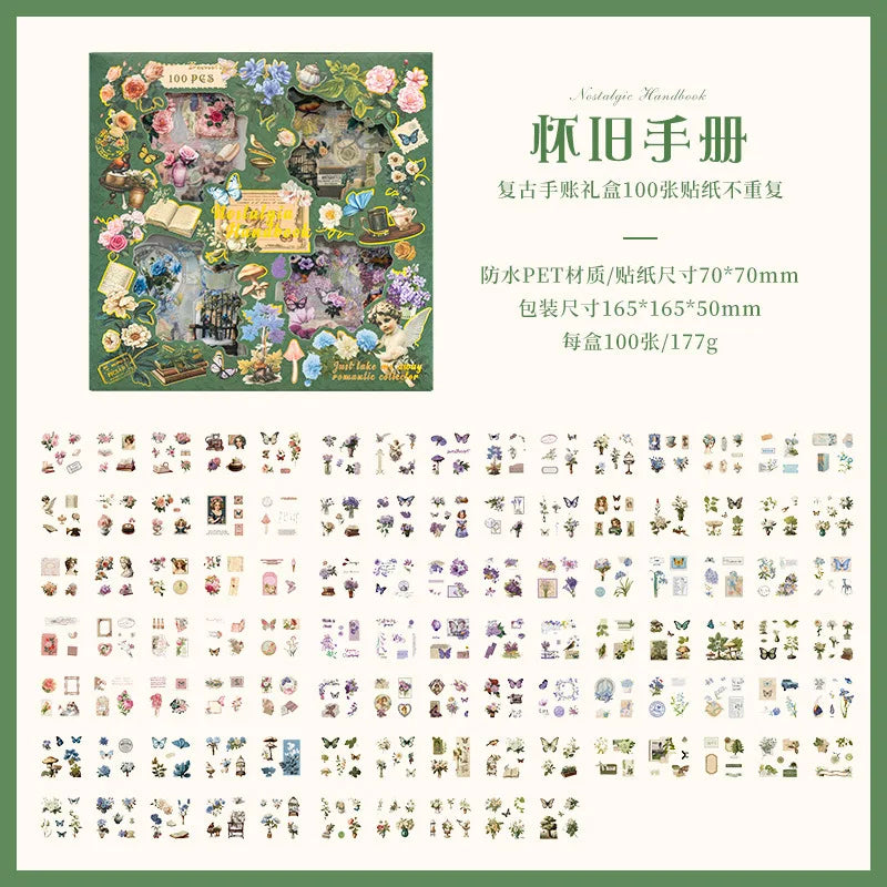 100pcs Large box Stickers Vintage Butterfly Flowers Plant Decorative Adhesive Diy Scrapbooking Material Junk Journal Supplies