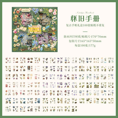 100pcs Large box Stickers Vintage Butterfly Flowers Plant Decorative Adhesive Diy Scrapbooking Material Junk Journal Supplies