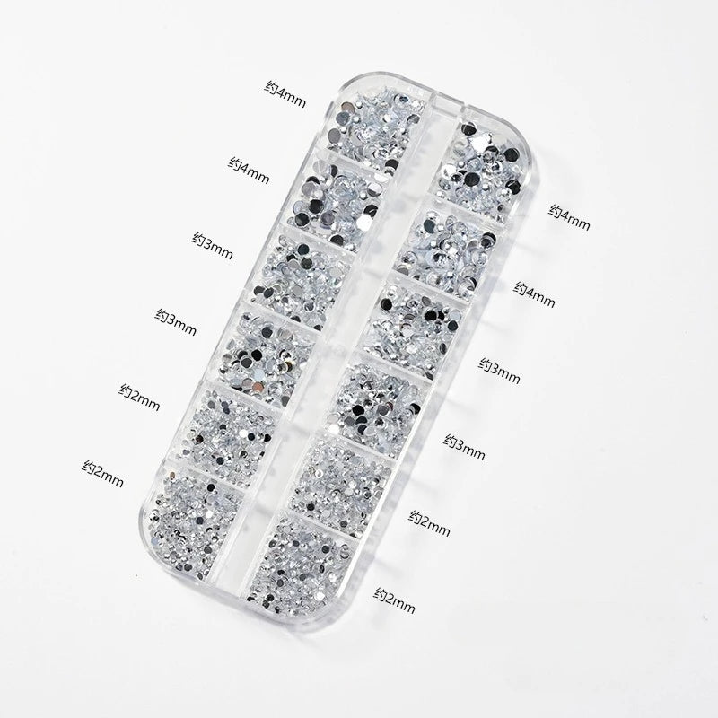 12 Grids Mixed Size Acrylic Flatback Rhinestones, 2/3/4mm Shiny Crystal Look Gems DIY Manicure Decor Charms - WHITE