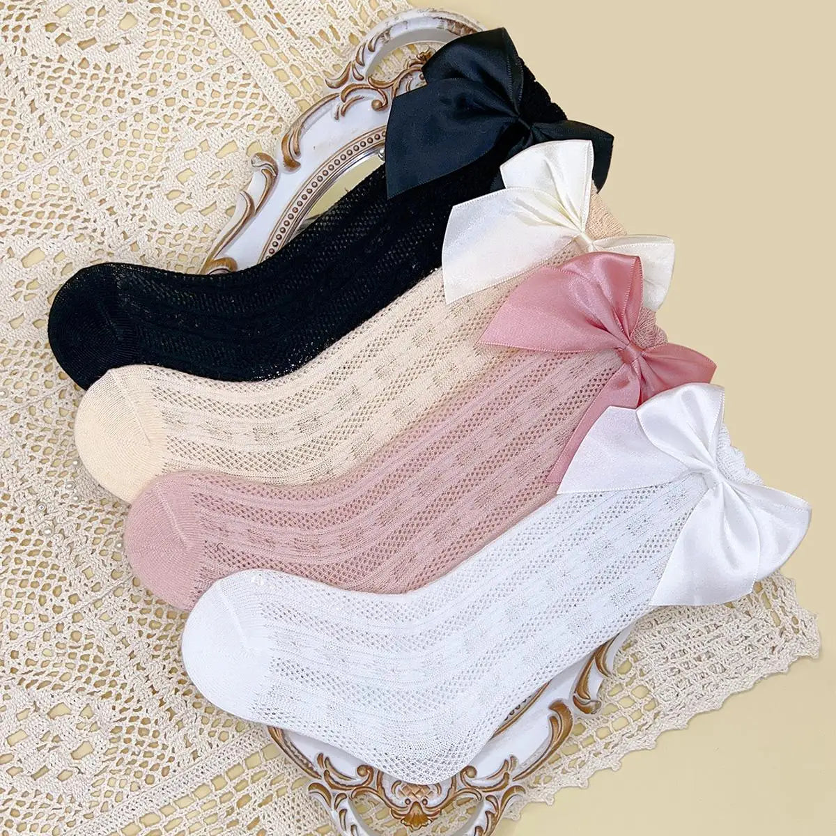 3/4 Pairs of Baby Girls' Bows Decor Anti-Mosquito Socks,Soft Breathable Cotton Crib Socks for Infant Toddler Summer Outdoor P