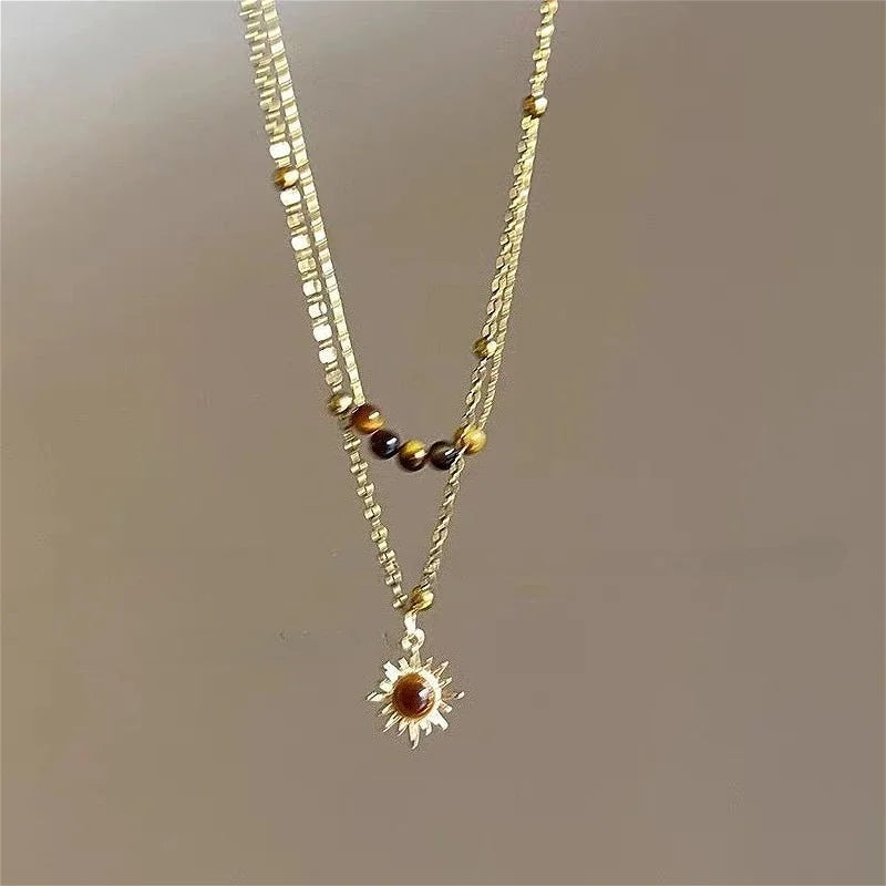 Vintage Leather Brown Stone Pendant Necklace Women's Retro Stacking Choker Temperament Clavicle Chain Hip Hop Jewelry Accesso