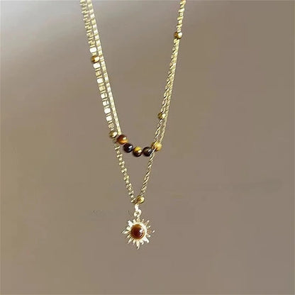 Vintage Leather Brown Stone Pendant Necklace Women's Retro Stacking Choker Temperament Clavicle Chain Hip Hop Jewelry Accesso