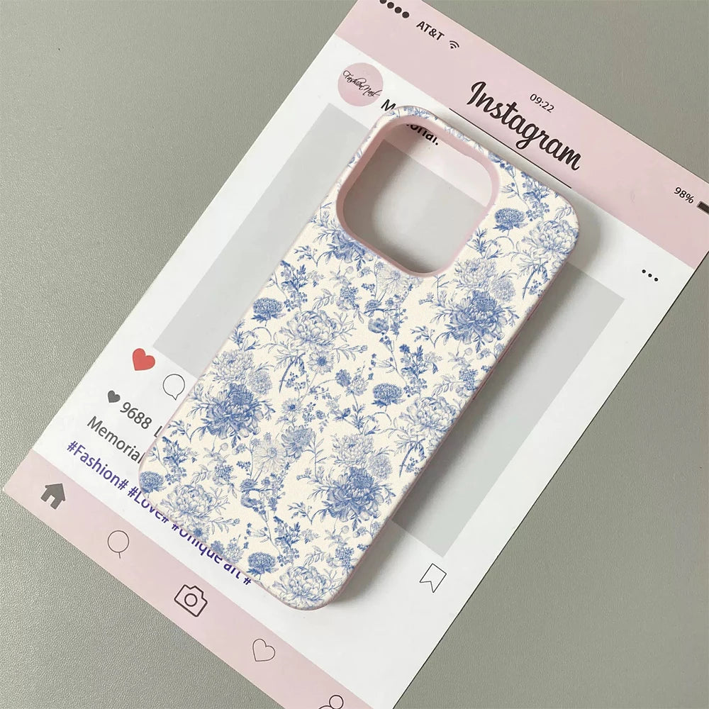 Vintage Floral Phone Case for iPhone 17 16 15 14 Plus 13 12 11 Pro Max Retro Blue Flower Pattern Shockproof TPU Protective Co