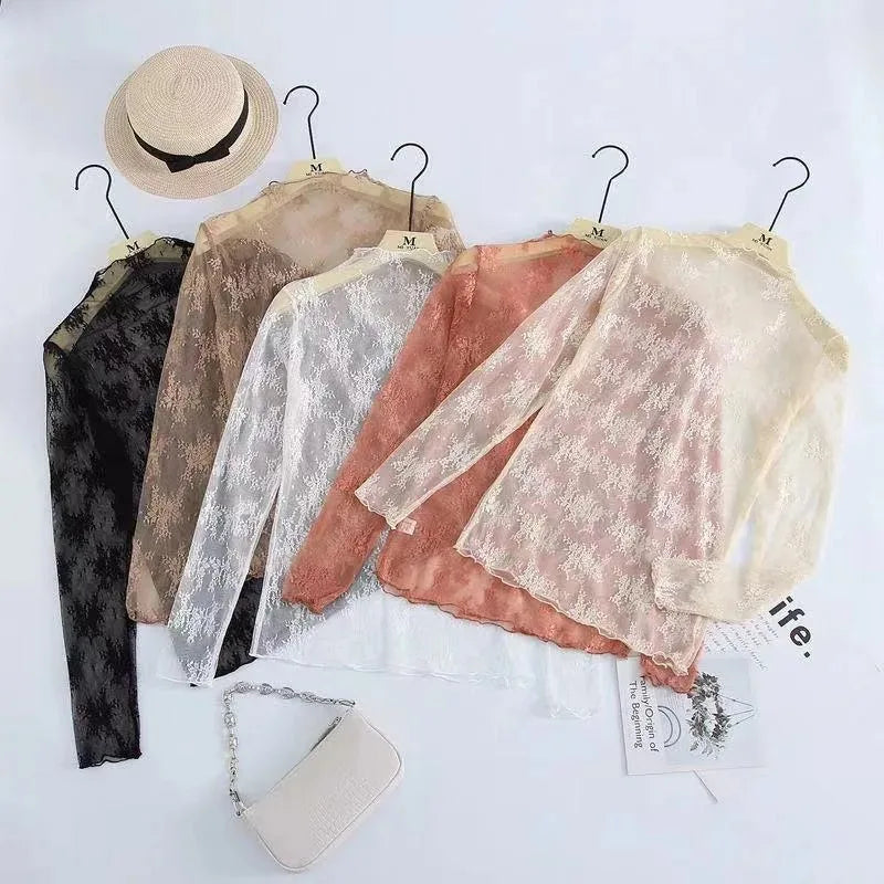 New Women Floral Lace Shirt Spring Autumn Long Sleeve Sexy Mesh Bottoming Shirts Mock Neck Blouse T-Shirt Pullover Top