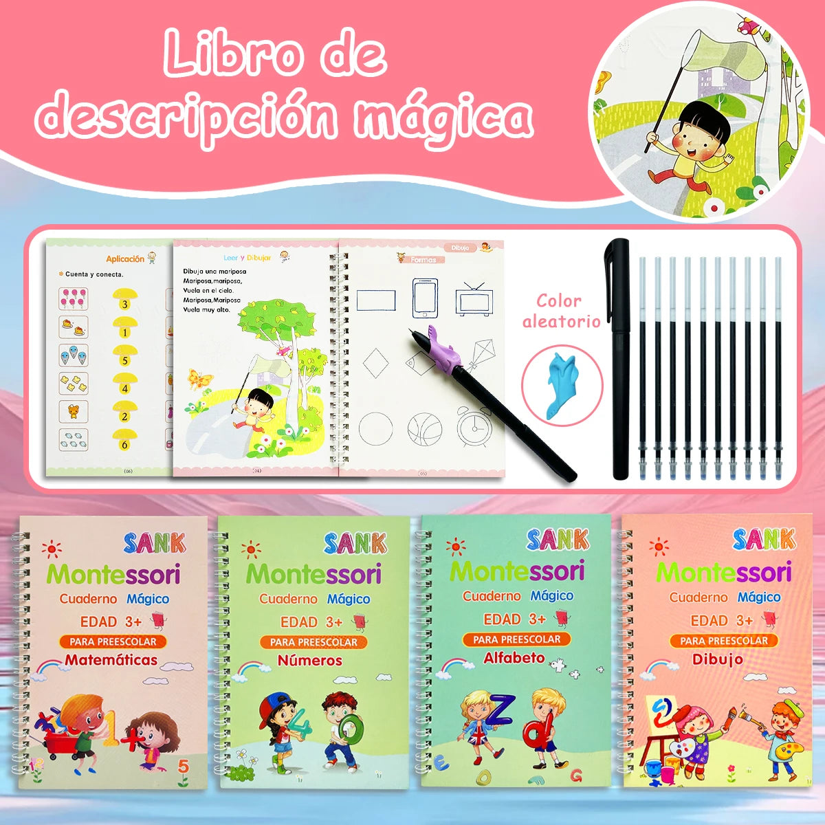 4 Booksset Notebook Spanish Sketchbook Montessori Calligraphy Magic Book Copybook Handwriting Early Learn