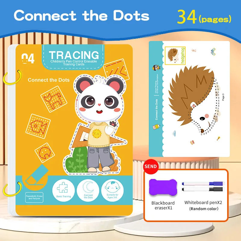 34-Page Reusable Children's Practice Book Set with Erasable Pen - Early Learning of Writing and Drawing Skills, Educational B
