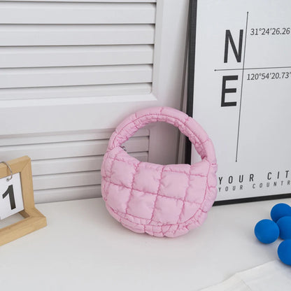Fashion Mini Puffer Tote Bag Quilted Circle Phone Purse Elegant Purple Soft Nylon Padded Key Pouch Simple Trend Handbag - A14