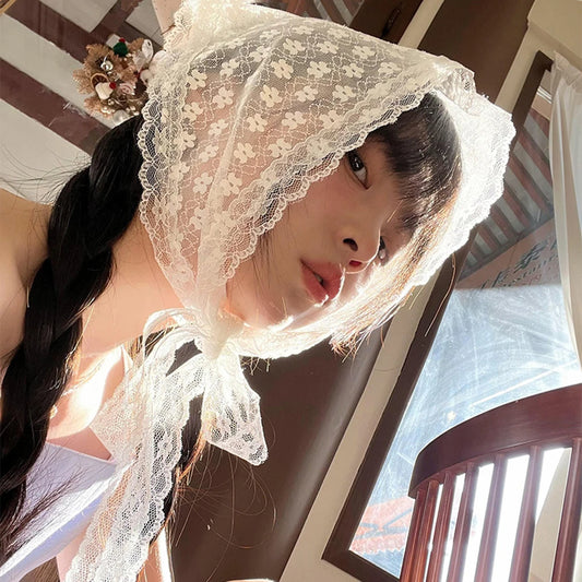 Lace Flower Elegant Temperament Lace Female Flower White Sweet Triangle Scarf Thin Breathable Ribbon Artistic Style Travel Ph