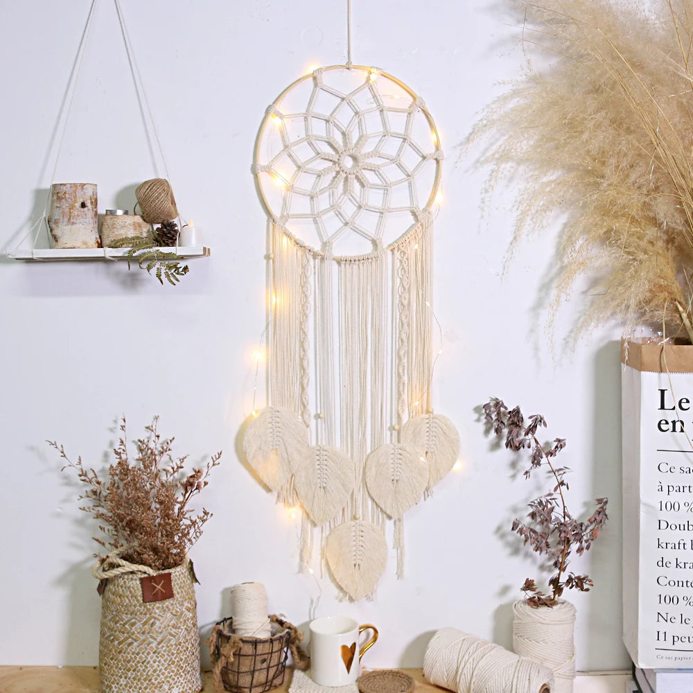 Macrame Dream Catcher Bohemian Leaf Wall Hanging Nordic Decor Boho Handmade Tapestry Ornaments for Home Living Room Decoratio