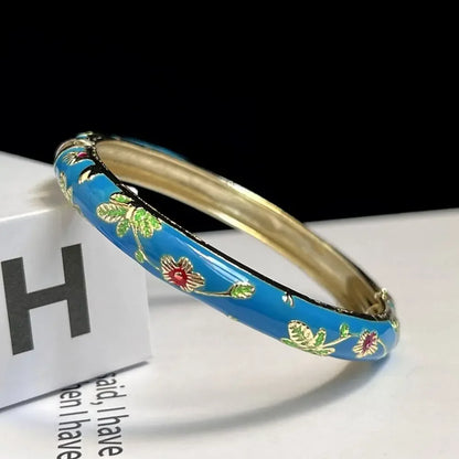 Enamel Chinese Cloisonne Bracelet Double Bangle Traditional Peony Filigree Flower Bangle Ethnic Vintage Women's Hand Bracelet