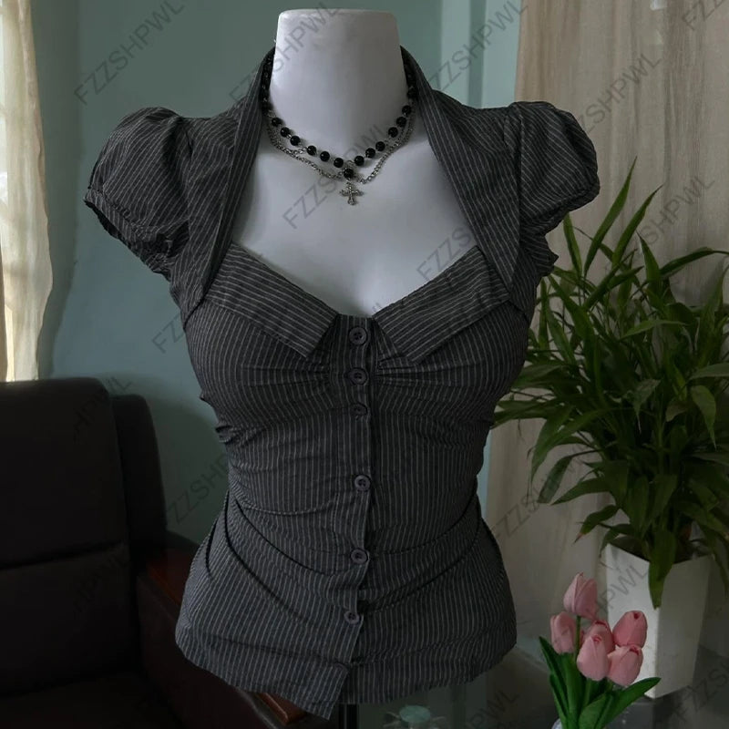 Gothic Women's Shirt Chic Aesthetic Grunge High Street American Style Striped Lace-up Slim Fit Fashion Hip Hop Short Sleeve T