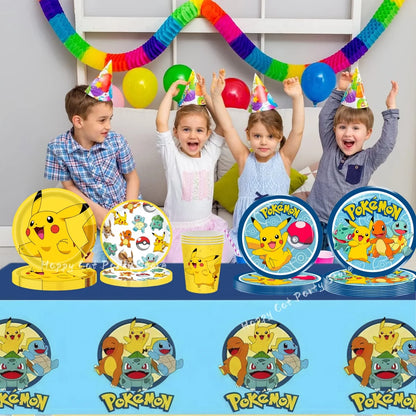 Decoration Pokemon Birthday Party Hats Pikachu Disposable Tableware Tablecloth Cup Plate Napkin Baby Shower Party Favors Poke
