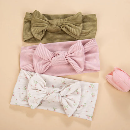 3Pcs/lot Ins Ribbed Baby Girls Headbands Floral Red Heart Dasiy Print Bows Elastic Hair Bands Toddler Vintage Hair Accessorie