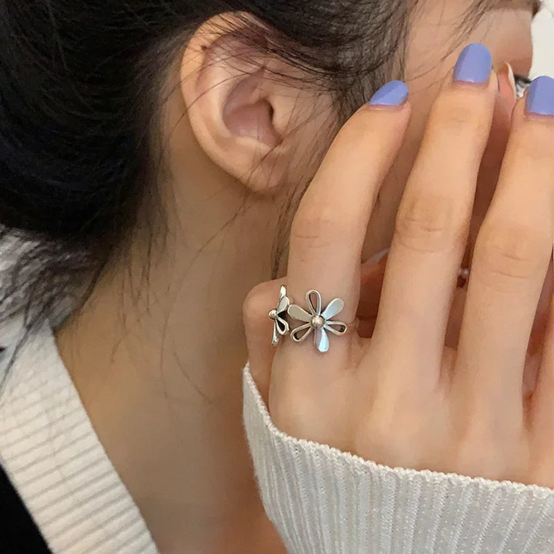 VENTFILLE 925 Sterling Silve Flower Ring for Women Gift Hollow Out Design Retro Hip Hop Versatile Jewelry Party Gift