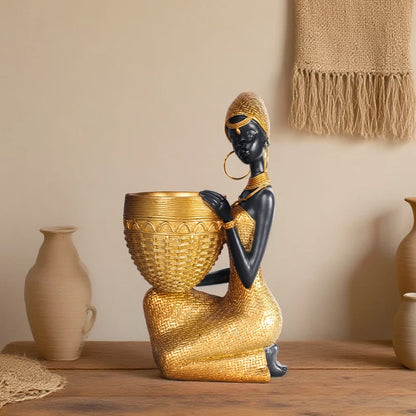 African Girl Holding a Plate Sculpture, Home and Office Decorative Storage Ornament, Vintage Collectible Craft Deskt Decor - 