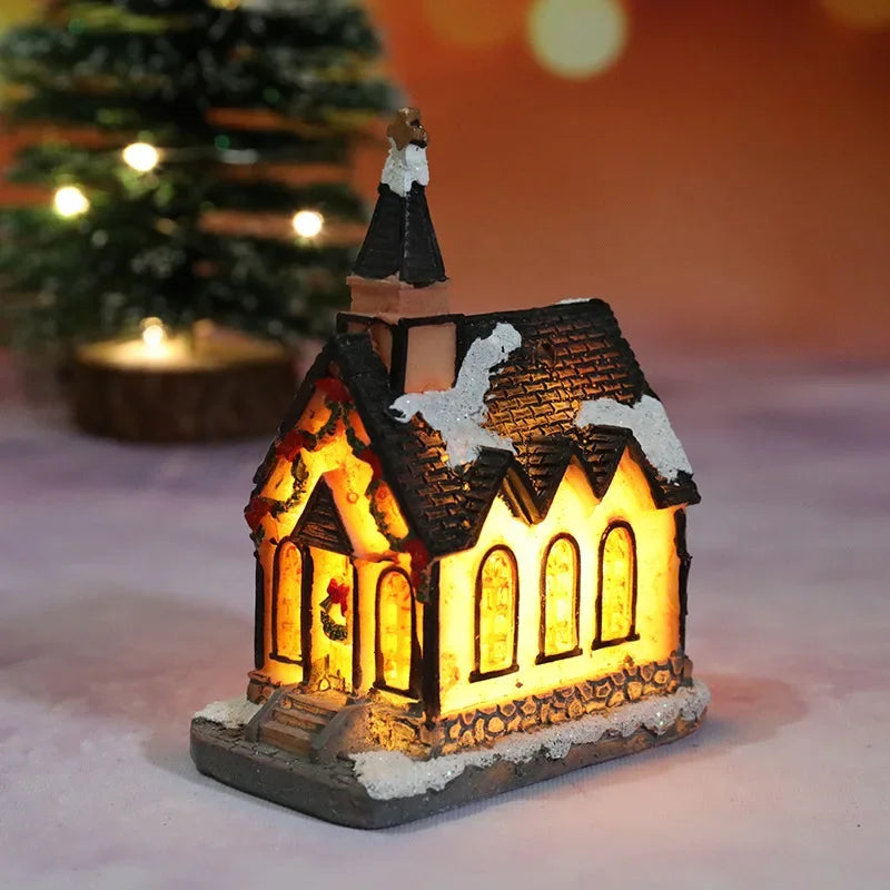 Christmas Decoration House LED Light Xmas Durable Ornaments Small Resin Mini House Miniature Village Building for Home Kids G