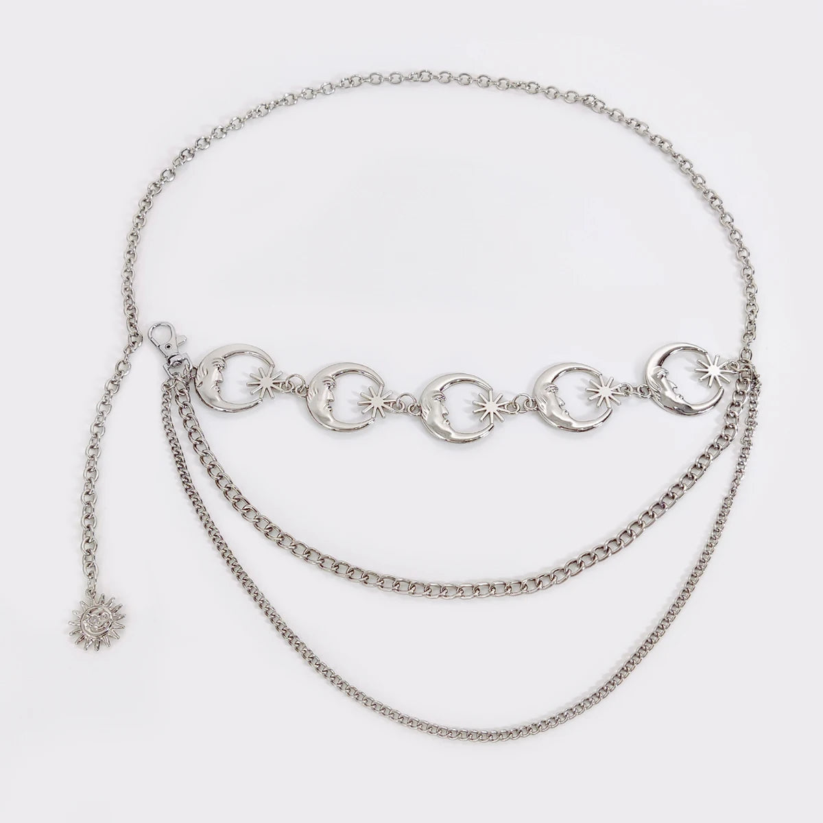 Fashion Vintage Gold Chain Belt Female Goth Moon Metal Designer Belts For Women Female Waist Tassle Goth Dress Cors - silver 