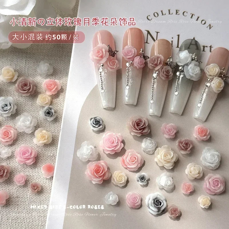 50Pcs Vintage 3D Rose Flowers Nail Art Jewelry Decoration Colorful Halo Dyeing Camellia DIY Fashion Manicure Accessory