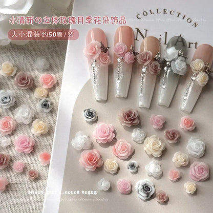 50Pcs Vintage 3D Rose Flowers Nail Art Jewelry Decoration Colorful Halo Dyeing Camellia DIY Fashion Manicure Accessory