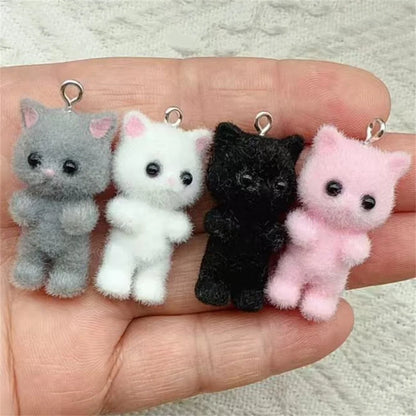 4pcs Kawaii 3D Fluffy Flocking Resin Cat Animal Charms Pendant Colorful Keychain Necklace Pendant DIY Crafts Jewelry Making -