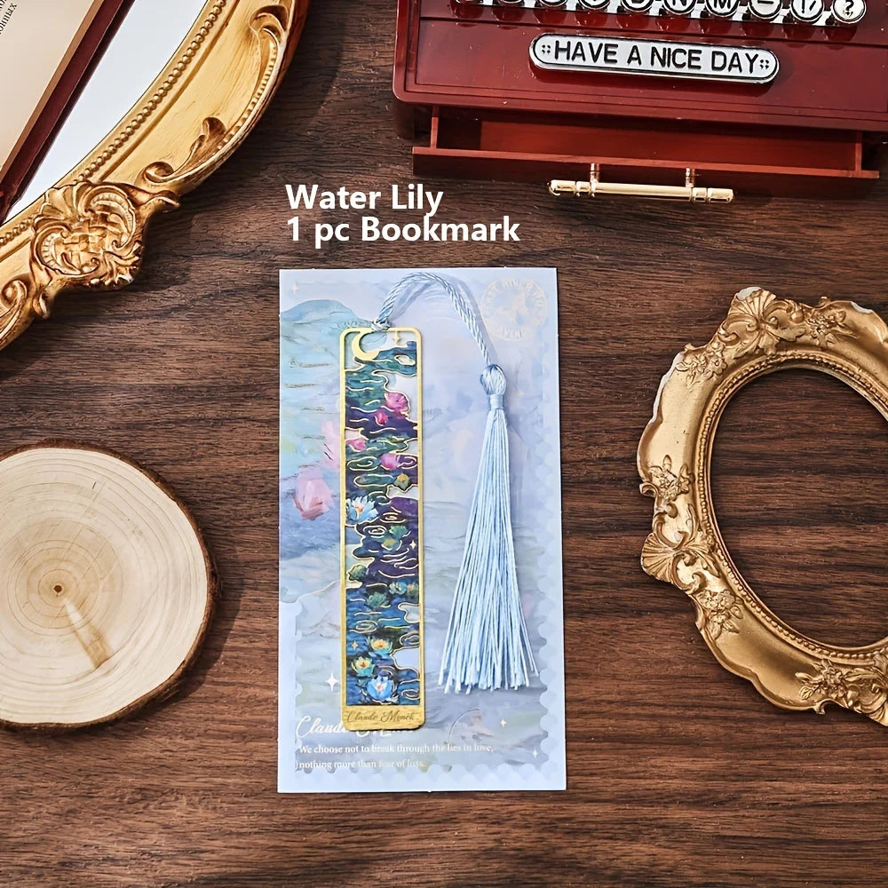 Vintage Oil Painting Metal Bookmarks - Hollow Hot Stamping Long Tassel Bookmarks - Stationery Gifts for Book Clubs, Book Love