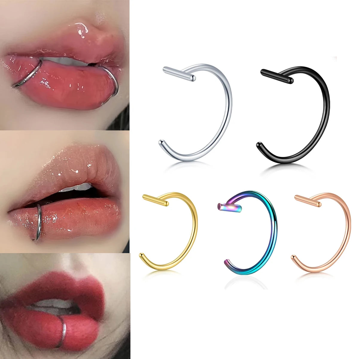 18G Clip-On Fake Lip Ring Stainless Steel Hypoallergenic Punk Non Piercing Lip Hoop 18K Gold Plated Cartilage Conch Cuff Earr