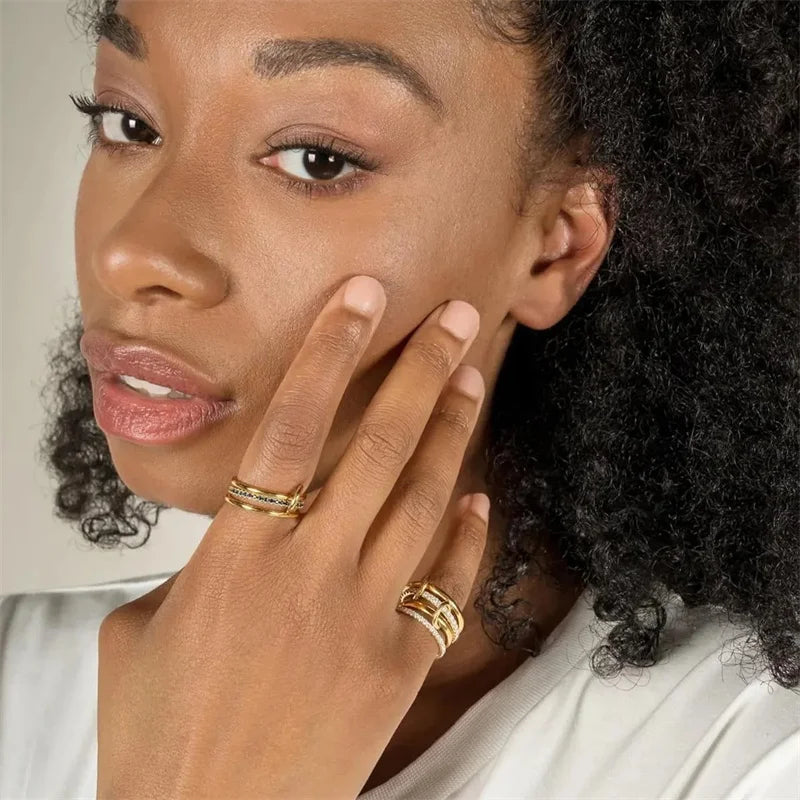A Niche Two-Color Four-Ring Copper Jewelry Ring, Hypoallergenic, Ins Style, Stacking Artifact, Suitable For Young Wome Jewelr