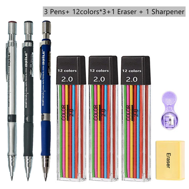 2mm Mechanical Pencil Set with Color/Black Lead Art Drawing Design Automatic Pencil Writing Student Office School Stationery 