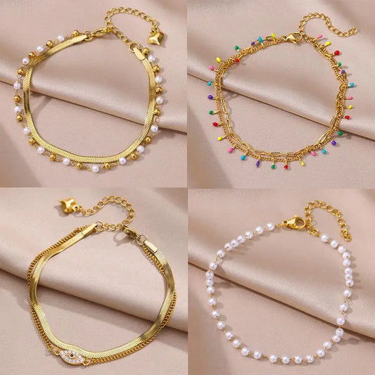 Anklets for Women Summer Beach Accessories Stainless Steel Imitation Pearl Chain Anklet Gold Color Leg Bracelets Bodychain Gi