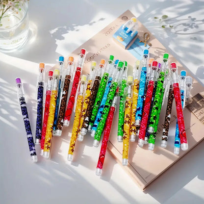 6 unsharpened mosaic pencils: 9-section break-resistant barrel + colorful pixel grip - retractable ink tip, smooth writing