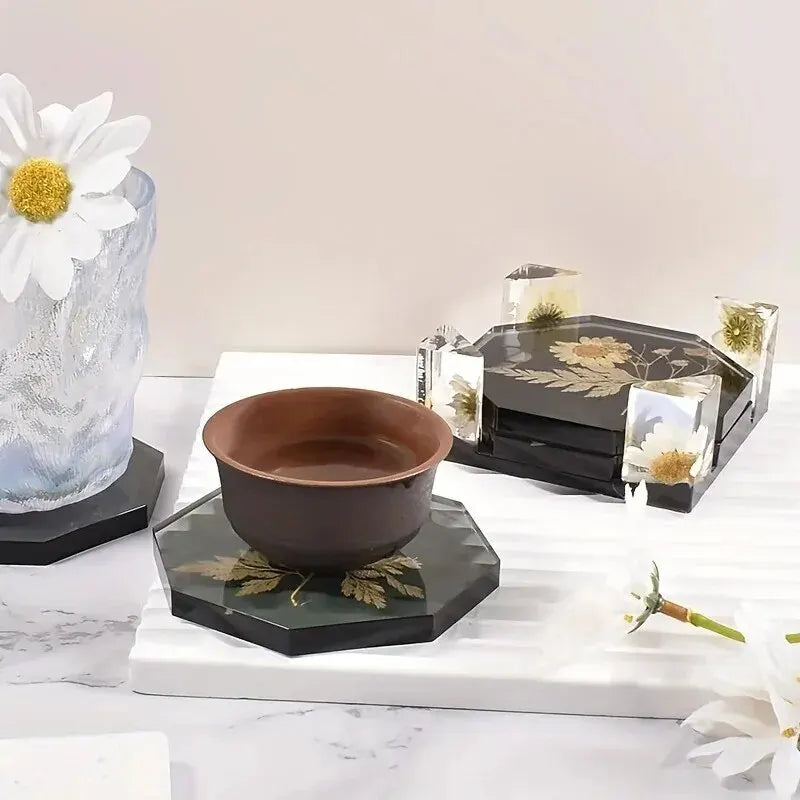 Coaster Resin Molds Set Include 1pc Coaster Storage Box Mold, 4Pcs Silicone Resin Coaster Mold for Epoxy Resin