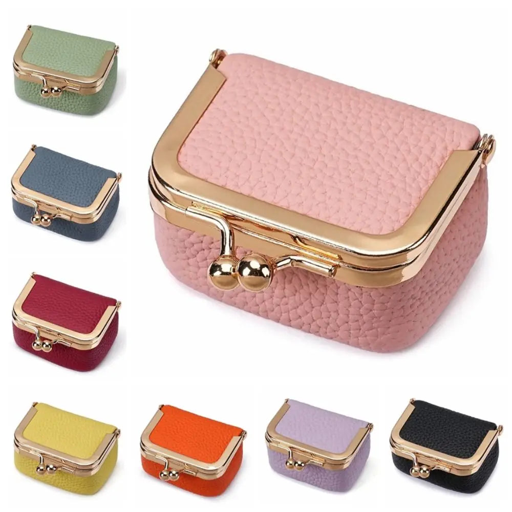 Wallet Genuine Leather Kiss Lock Coin Purse Solid Color Square Leather Jewelry Bag Multifunctional Mini Small Item Bag Earrin